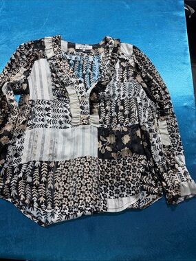 Hale Bob Black and Cream Patchwork Floral Ruffle V-Neck Tunic